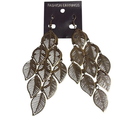 Bronze Leaf Chandelier Dangle Fashion Earrings Deco Statement Boho Hippie 5" NEW - Picture 1 of 5